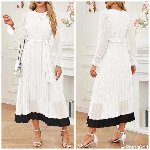 Zesica Dresses & Skirts - ZESICA Fall Long Sleeve Chiffon Casual Crew Neck Pleated A Line Flowy Midi Dress